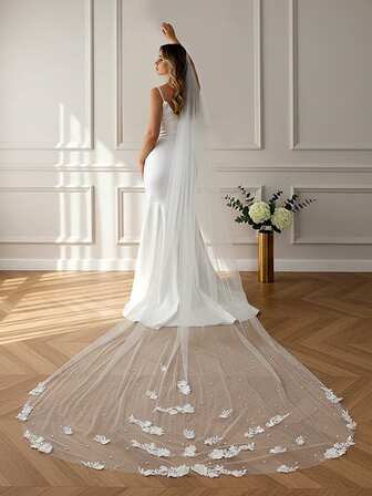 1 件 3 米长教堂式婚纱头纱，单层，带发梳，3D 立体花卉浪漫新娘发饰