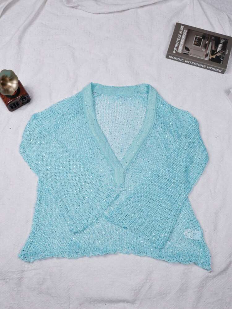 Yuwenier Roupa De Praia Solta com Decote Profundo, Vazada e Transparente, com Crochê Brilhante, Manga Morcego de Ajuste Folgado, Ideal para Festas, Halloween e Ocasiões Especiais - Azul - Visão 5