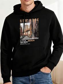 1pc Unisex Hoodie New York City Print Black Hoodie, Hoodies For Men Lightweight Polyester Material, Simple Crossprint Drawstring Hoodie, Machine Washable, For Spring/Summer/Fall Valentine's Day, Father's Day, Thanksgiving Day - 黑色 - 查看 1