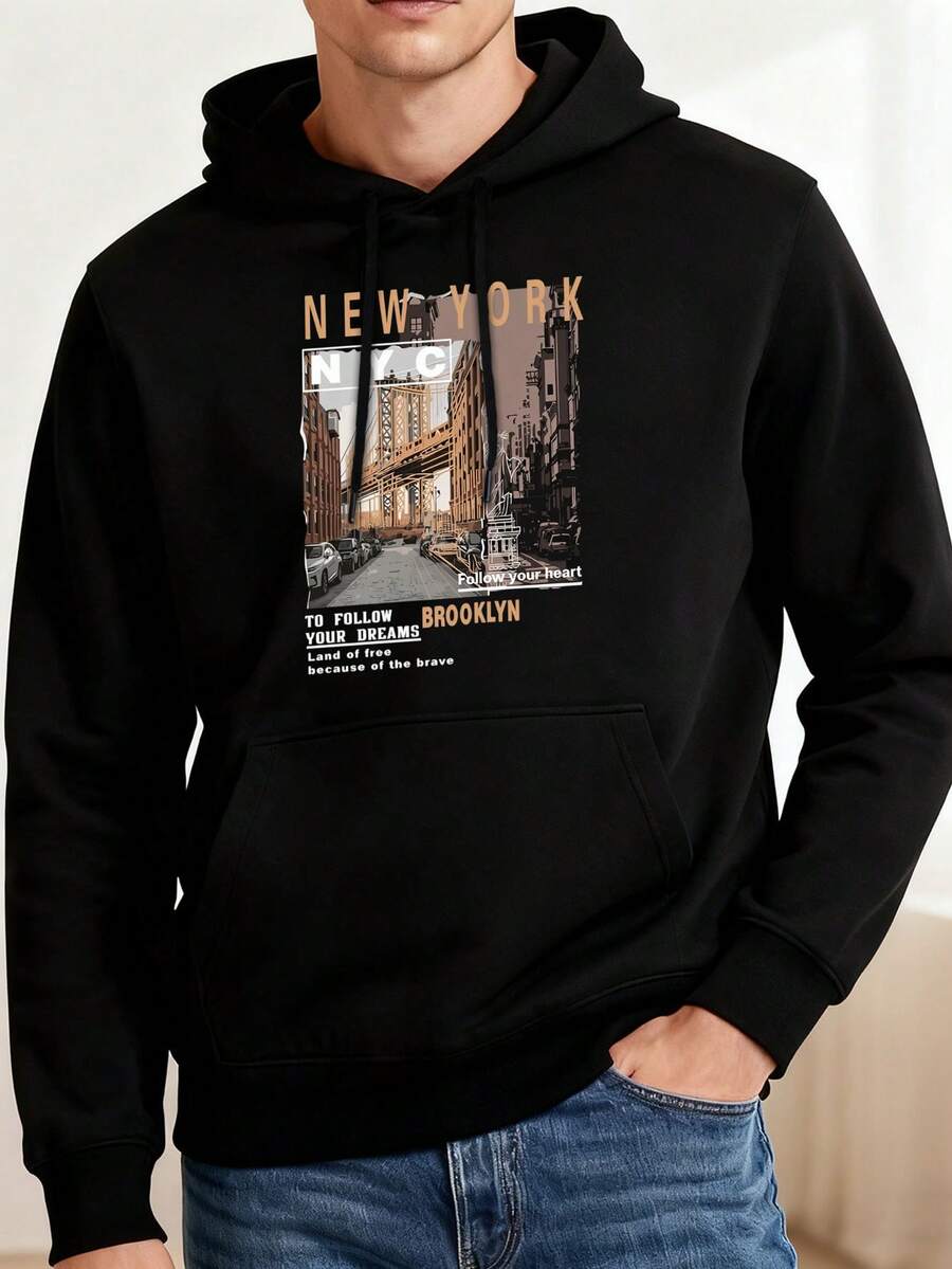 1pc Unisex Hoodie New York City Print Black Hoodie, Hoodies For Men Lightweight Polyester Material, Simple Crossprint Drawstring Hoodie, Machine Washable, For Spring/Summer/Fall Valentine's Day, Father's Day, Thanksgiving Day - 黑色 - 查看 1
