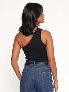 Tank Top Mule Manca One Shoulder One Shoulder No Manca Ribbed BLACK WHITE Basic Bicolor Feminine Foreign Fashion RIBBED RIBANA OLD MONEY TAILORING BASIC ELEGANT - Black - View 7