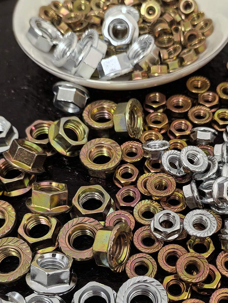 M6/M8/M10 Multi-Size Flange Nut Lock Nut, Full Thread Coverage For Screws & Bolts, Assortment Kit, Matching Or Polished Finish, Anti Slip Nut And Nut, External Hex Drive, Left-Hand Thread, Anti-Slip Design For Automotive & Industrial Use - Multicolor - View 1