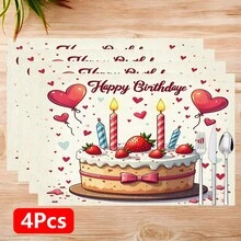 1 pieza/4 piezas/6 piezas Manteles individuales de lino con estampado de tema de cumpleaños, adecuados para mesa de comedor, decoración para todas las estaciones, manteles de mesa lavables modernos, decoración de habitación, posavasos, manteles de cocina y comedor, decoración de fiesta interior y exterior, decoración del hogar, regalo ideal - Multicolor - Ver 13
