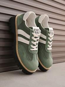 女士新款复古休闲系带乐福鞋，休闲拼接运动鞋，厚底防滑增高运动鞋，休闲低帮运动鞋 - 綠色 - 查看 6