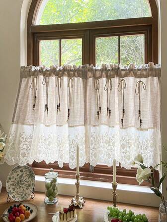 1 pieza, cortina corta de estilo boho y campestre con cuerda de lazo de cuentas de madera, empalmado con bordado blanco de encaje, cortina corta filtradora de luz para ventana pequeña, ventana de cocina, cortina media para cafetería