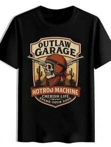 Men'S Black Motorcycle Graphic-Shirt - Outlaw Garage Design With Skull & Hot Rod, Casual Round Neck Tee, Bikers, Motorcycle Riding Gear, German Oktoberfest Shirt, Men Oktoberfest Bavarian Beer Maiden Costume, Oktoberfest Men'S Shirt, Credence Clearwater Revival White Shirt, Men-Shirt, Men Clothe - 黑色 - 查看 6