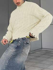 Men's Loose Casual Street Ripped Fringe Crew Neck Long Sleeve Pullover Sweater, Versatile Knit Top For Spring, Autumn, Winter - Apricot - View 5