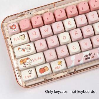 MOA 高度 PBT 机械键盘键帽 - 圆形可爱熊/狗/猫设计，蓝色/粉色/紫色，仅键帽，兼容 MX 开关，6.25U 空格键，耐磨防油，机械键盘 DIY 配件，定制装饰，游戏和办公通用