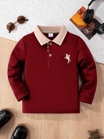 Young Boy Classic Casual Embroidered Black Contrast Trim Collar Long Sleeve Polo Shirt, Suitable For Daily Outings, Travel, Gatherings, Outdoor Activities