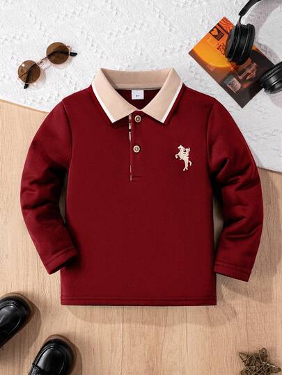 Camisa polo de manga larga con cuello de contraste bordado negro, estilo clásico casual para niño, adecuada para salidas diarias, viajes, reuniones y actividades al aire libre