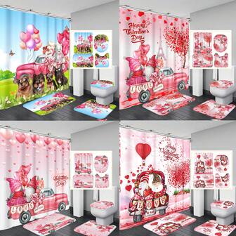 1件/4件套“小矮人爱”汽车主题浴帘套装 - 心形树卡车设计，复古卡车，可爱小矮人图案，情人节装饰，乔迁新居浴帘礼物，现代浴室装饰，浴帘带12个挂钩，防滑浴垫，U型马桶垫，马桶盖套，浴室套装，春季装饰