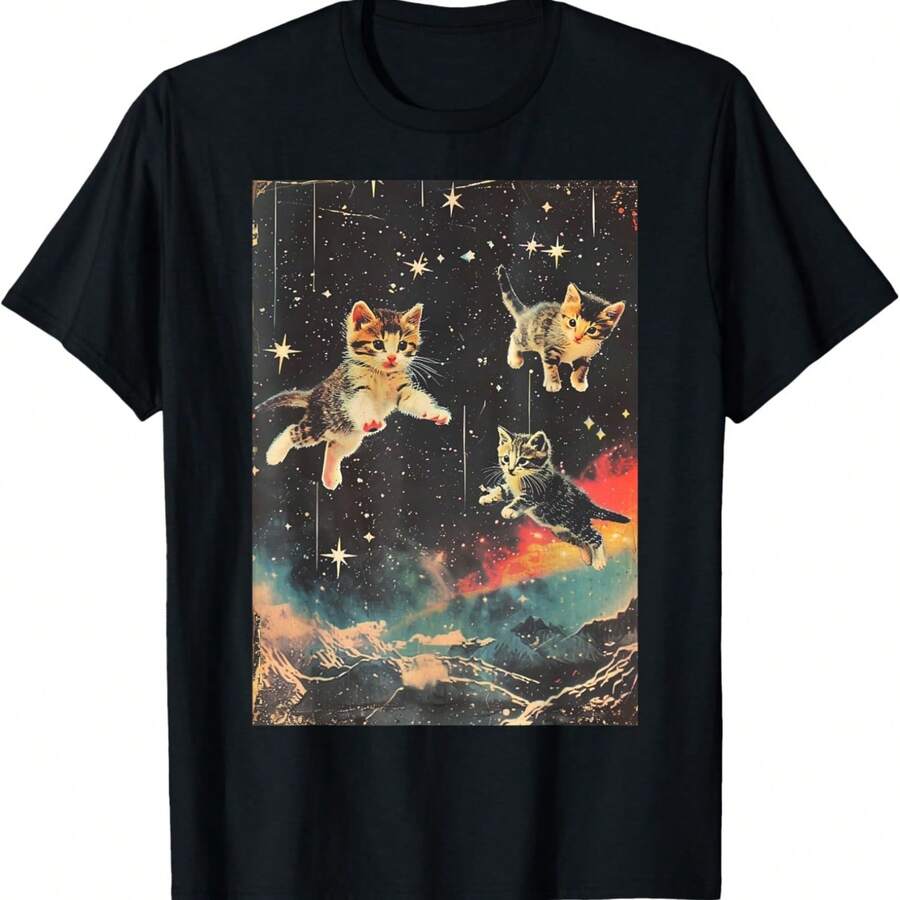 Funny Kittens Cat in Space Cute Vintage Art Retro T-Shirt - Negro - Ver 1