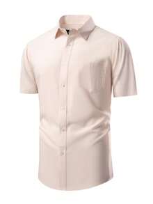 Rand paul Men's Slim Fit Short Sleeve Striped Linen Dress Shirt, Casual, Elegant, High Quality. - 米色 - 查看 1