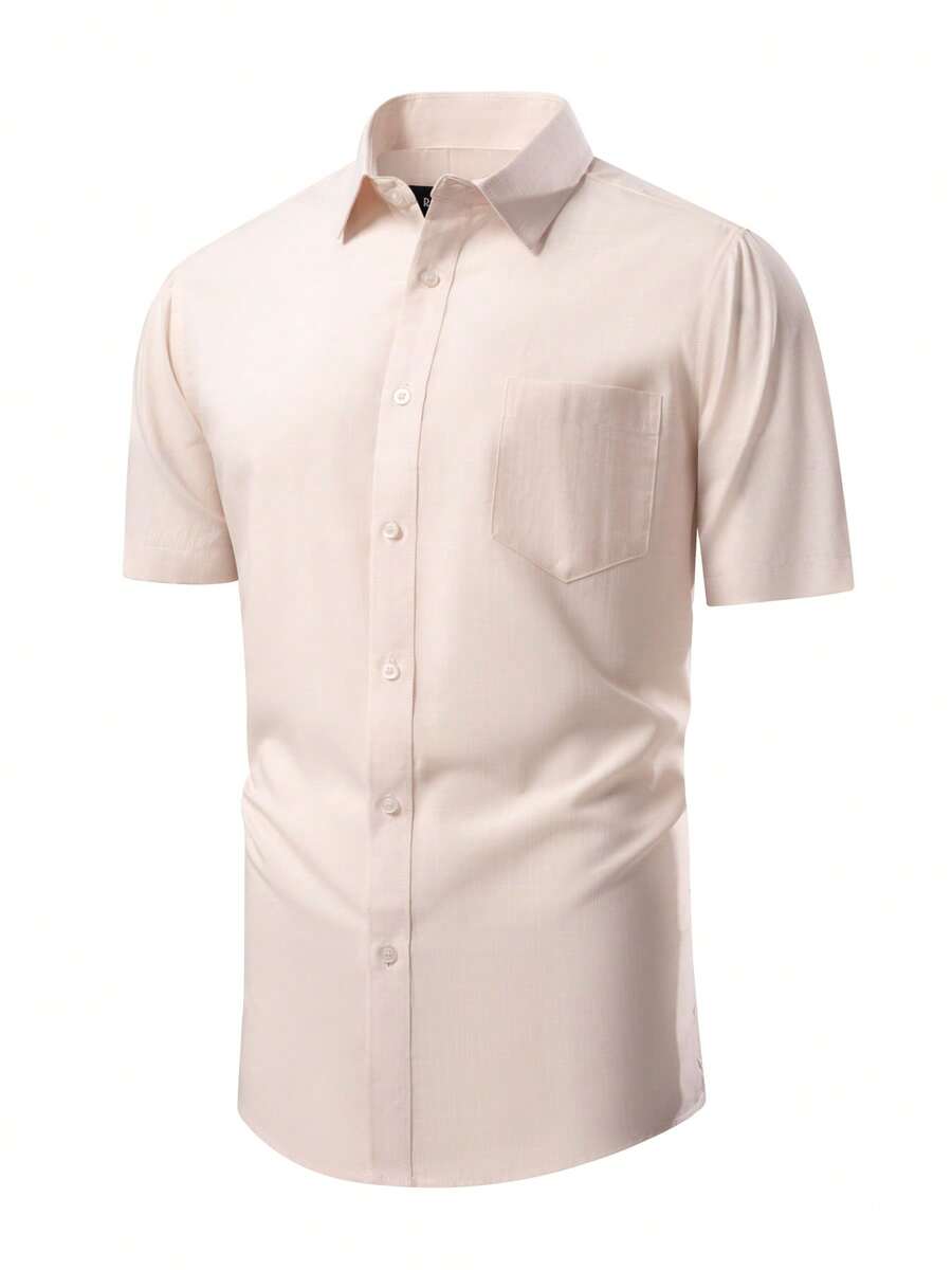 Rand paul Men's Slim Fit Short Sleeve Striped Linen Dress Shirt, Casual, Elegant, High Quality. - 米色 - 查看 1