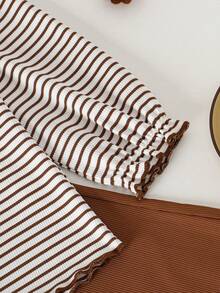 Tween Girls Back To School Striped Ruffle Collar Long Sleeve Top + Solid Color Bow Decor Flared Pants Set, School Uniform - Brown - View 9