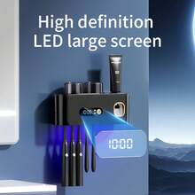 1pcs Smart Toothbrush Sanitizer - 2 Cups Automatic Toothpaste Dispenser, 5-Slot Brush Holder With USB Rechargeable Battery & Clock, Modern Durable Plastic Bathroom Organizer - Xám - Xem 4