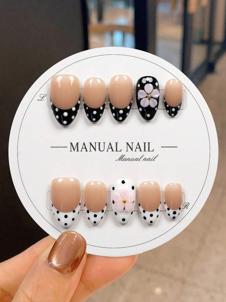 JUTI 10片装奢华手工彩绘短杏仁形美甲贴片 | 裸色、黑色、白色、波点、3D立体花朵复古奢华美甲 | 可重复使用，日常及特殊场合美甲用品 - 彩色 - 查看 1
