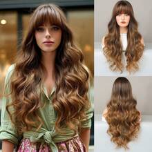 7JHH WIGS High Quality 24-Inch Long Body Wave Brown-Blonde Ombre Wigs For Women Fashion Synthetic Wavy Curly Wig With Bangs Dark Roots, Heat-Resistant Fiber Full Machine Fake Hair, Beginners Glueless Costume Wigs For Daily Party Wear, Music Festivals Cosplay Use - 金色 - 查看 11
