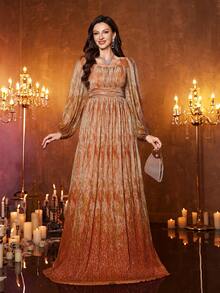 女式方领灯笼袖褶饰闪亮优雅派对晚礼服 - 橘色 - 查看 3