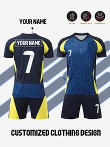 客製化姓名 Al-Hilal 足球球衣，青少年足球運動服套裝 客場 #7，聚酯纖維圓領上衣與短褲，適合男孩運動訓練 - 寶藍色 - 查看 3