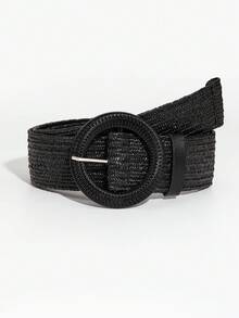 1 chiếc thắt lưng thun dệt họa tiết khối màu phong cách Bohemian có khóa tròn cổ điển, phù hợp với váy xuân/hè - màu đen - Xem 1