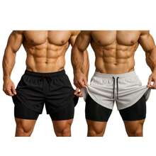 Kit Of 2 Men's 2-In-1 UV Sports Shorts, DryFit, For Gym, Training, Running, Cycling - KIT 2 BLACK aND WHITE - View 1