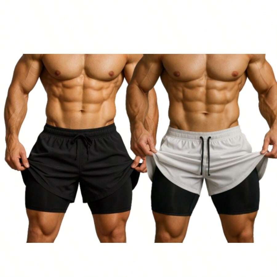 Kit Of 2 Men's 2-In-1 UV Sports Shorts, DryFit, For Gym, Training, Running, Cycling - KIT 2 BLACK aND WHITE - View 1