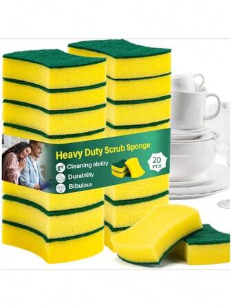 18块/包 强力清洁海绵 - 双面强力海绵，绿黄双色加厚层，表面防刮，生物塑料（抗菌）材质 - 可堆叠，可重复使用聚氨酯泡沫海绵，适用于厨房、浴室、餐具、锅碗瓢盆、水槽 - 绿黄双色，家用清洁大包装