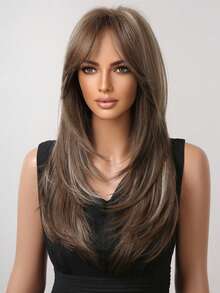 22 Inch Long Straight Synthetic Wig With Gray Base And Brown Highlights, Natural Appearance, Heat Resistant, Suitable For Women's Daily Wear, Parties And Fashion Styling - 彩色 - 查看 4