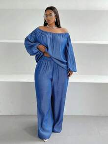 Conjunto casual de 2 piezas para mujer de talla grande con blusa de manga farol hombros descubiertos y pantalón de pierna ancha en unicolor, ropa de otoño - Azul - Ver 3