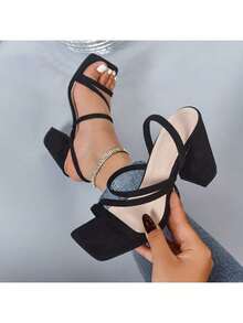 New Square Toe Retro Strap Thick Heels Gladiator Sandals For Women,Sexy, Stylish Party Heels. - 黑色 - 查看 4