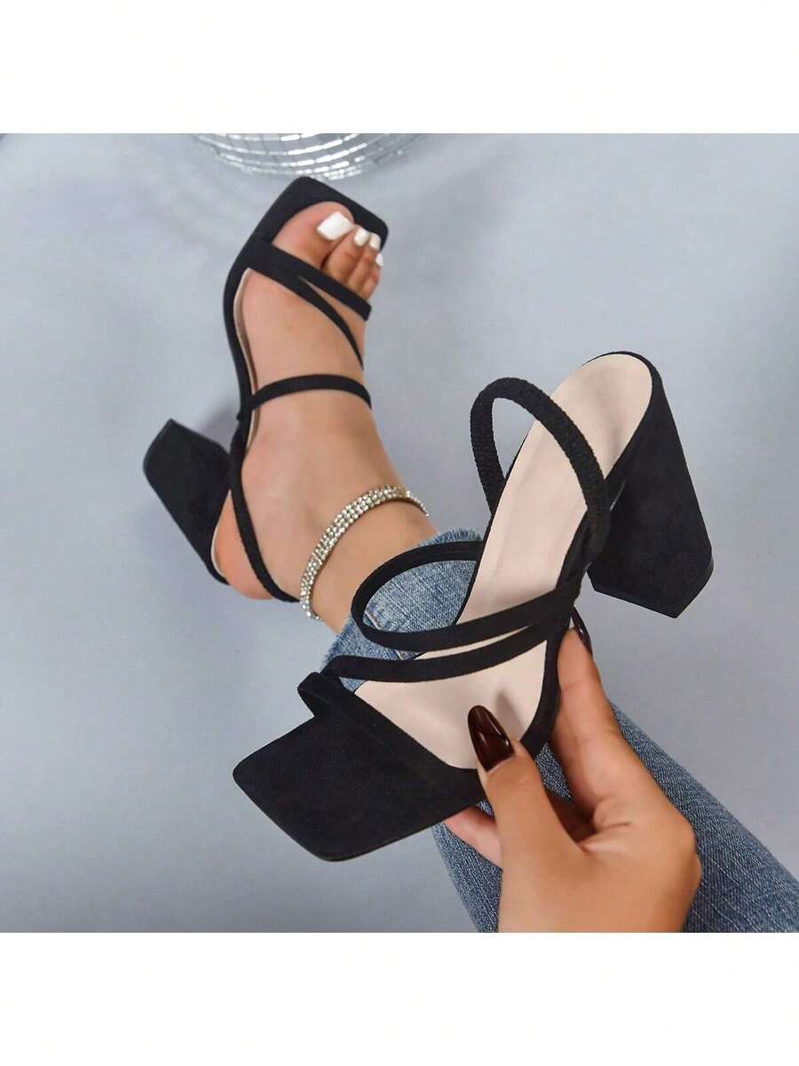 New Square Toe Retro Strap Thick Heels Gladiator Sandals For Women,Sexy, Stylish Party Heels. - 黑色 - 查看 1