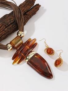 Exaggerated Multi-Layer Handmade Heavy Aluminum Wire Woven Wax Line Bohemian European And American Middle Eastern European Korean Version Evening Party Holiday Ladies Wax Line Resin Ox Horn Shaped Necklace Earrings - Coffee Brown - View 2