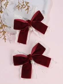 2pcs Velvet Lace Hair Clips, Solid Color Double Loop Faux Pearl Bow Alligator Clips, Red Solid Color Autumn/Winter Hair Clips, New Year Gift For Girls, Elegant Hair Accessories For Holiday Party, Suitable For Teenagers - Multicolor - View 1