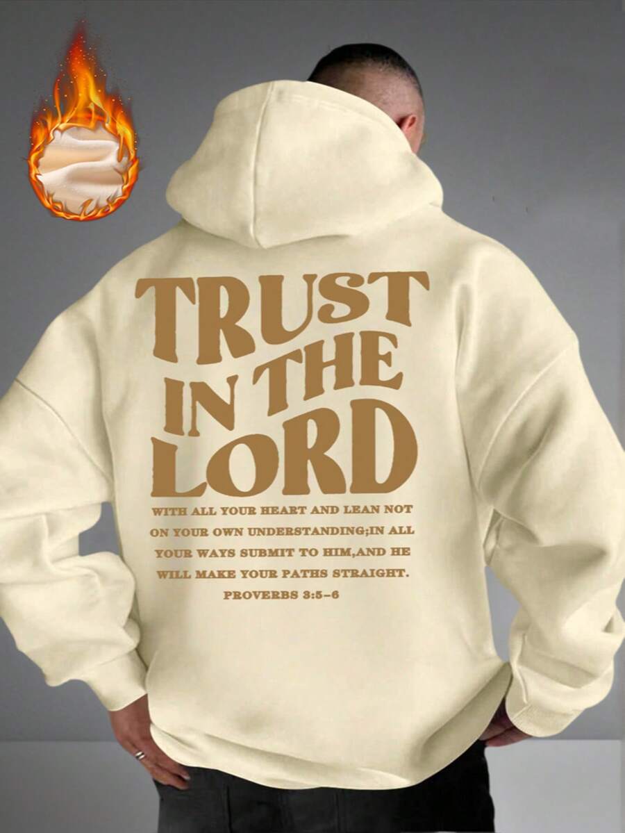 男士休闲连帽衫，印有信仰与励志图案，适合秋冬季节，长袖上衣 - 杏色 - 查看 1