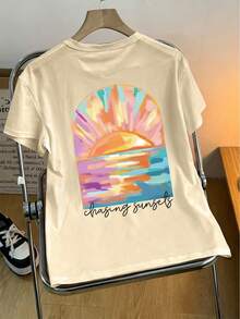 Camiseta de talla grande para mujer con estampado de coco, camiseta suelta de color cómodo con puesta de sol, camiseta de playa de vacaciones de verano de talla grande, camiseta de surf de verano, blusas, camisetas, verano para mujer, camisetas gráficas para mujer, blusas para mujer, camiseta de talla grande - Albaricoque - Ver 1