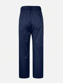 Jessefine 纯色无腰纽扣拉链口袋西装面料藏蓝色直筒裤，通勤优雅办公日常休闲百搭春夏直筒裤 - 藏蓝色 - 查看 6