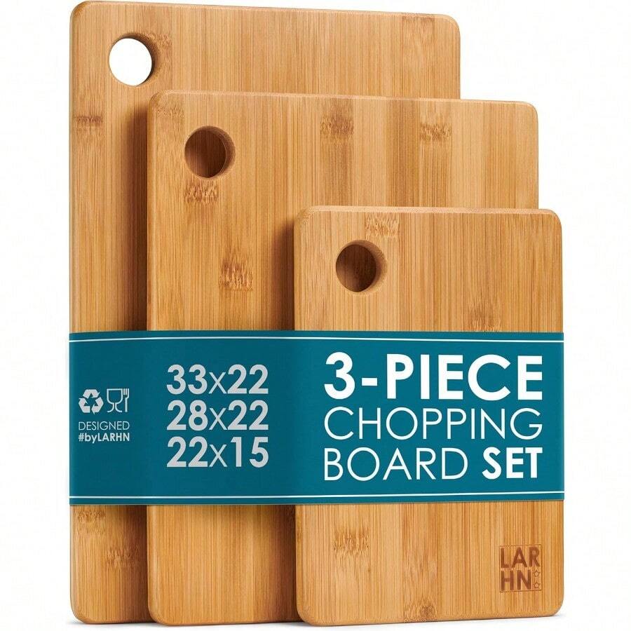 Wooden Chopping Board Set Of 3 - 3 Extra Thick Bamboo Chopping Boards - 33 X 22 Cm/ 28 X 22 Cm/ 22 X 15 Cm - The Perfect Wooden Board Kitchen Bread Boards And Serving Boards - 天然木材 - 查看 1