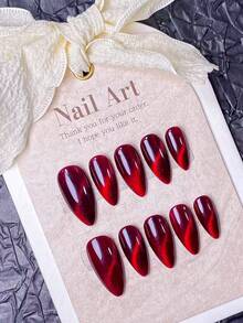 10 piezas de uñas postizas hechas a mano, uñas cortas, uñas falsas, uñas con forma de almendra, uñas francesas puntiagudas, uñas rosas, uñas rojas, uñas blancas, uñas plateadas, con superficie de uñas decorada con líneas plateadas pintadas a mano, elegantes y exquisitas, incluye herramientas de manicura, fáciles de usar y quitar. - Rojo - Ver 13