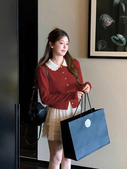 Cute Contrast Color Rejuvenating, Valentine's Day, Peter Pan Collar Knit Cardigan For Women, Winter/Spring