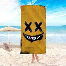 1pc Large Microfiber Quick-Dry Beach Towel - Yellow With Black Grinning Face Design, Lightweight & Soft Adults And Teens, Pool, Travel, Swim, Camping, Yoga & Picnic, Beach Towel - White - View 9
