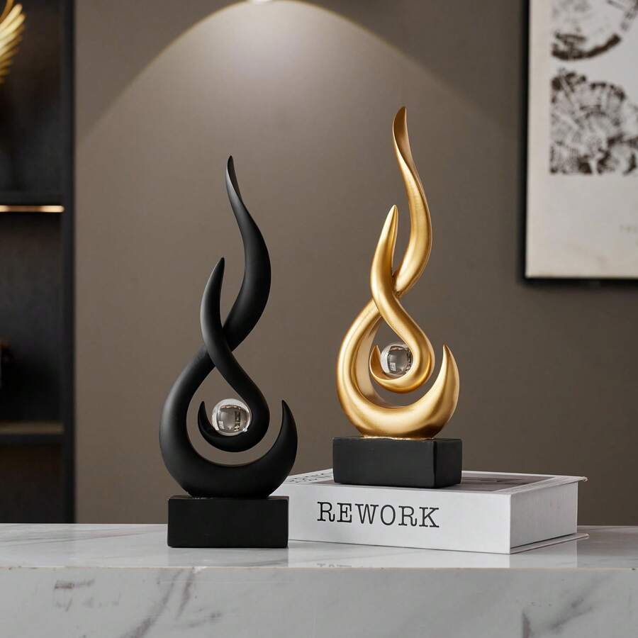 AWNR Modern Gold/Black Sculpture Decor: Flame Statue Resin Abstract Art Small Sculpture With Glass Ball, Unique Centerpiece For Living Room, TV Cabinet, Coffee Table, Office Decoration - Multicolor - View 1