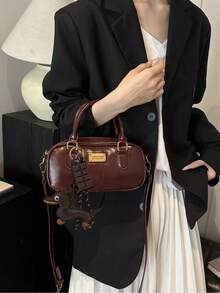1pc Plush Doll Decor Crossbody Tote Bag, Large Capacity Soft Leather Boston Handbag For Moms, Suitable For Commuting All Year Round - Burgundy - View 2