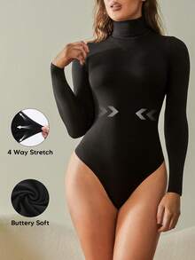 Women High Neck Long Sleeve Slim Fit Bodysuit, Suitable For Everyday Wear - Black - View 4