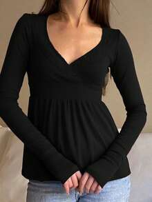 Women's Fairy Style Long Sleeve Lace Trim Shirt Cute Wrap V Neck Slim Fit Solid Color Babydoll Blouse Soft Skin Friendly Sexy T Shirt  For Home Office  Running  Jogging  Street Style Outings  Vacations  Hiking  Going Out  Parties - 黑色 - 查看 2