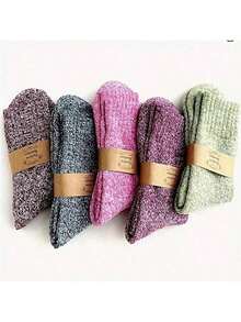 5 Pairs,Women's Spring  And Winter Warm Short Tube Socks, Women's Thick Knitted Warm And Comfortable Calf Socks, Retro Style Socks, Suitable For Outdoor Travel Wear - 彩色 - 查看 6