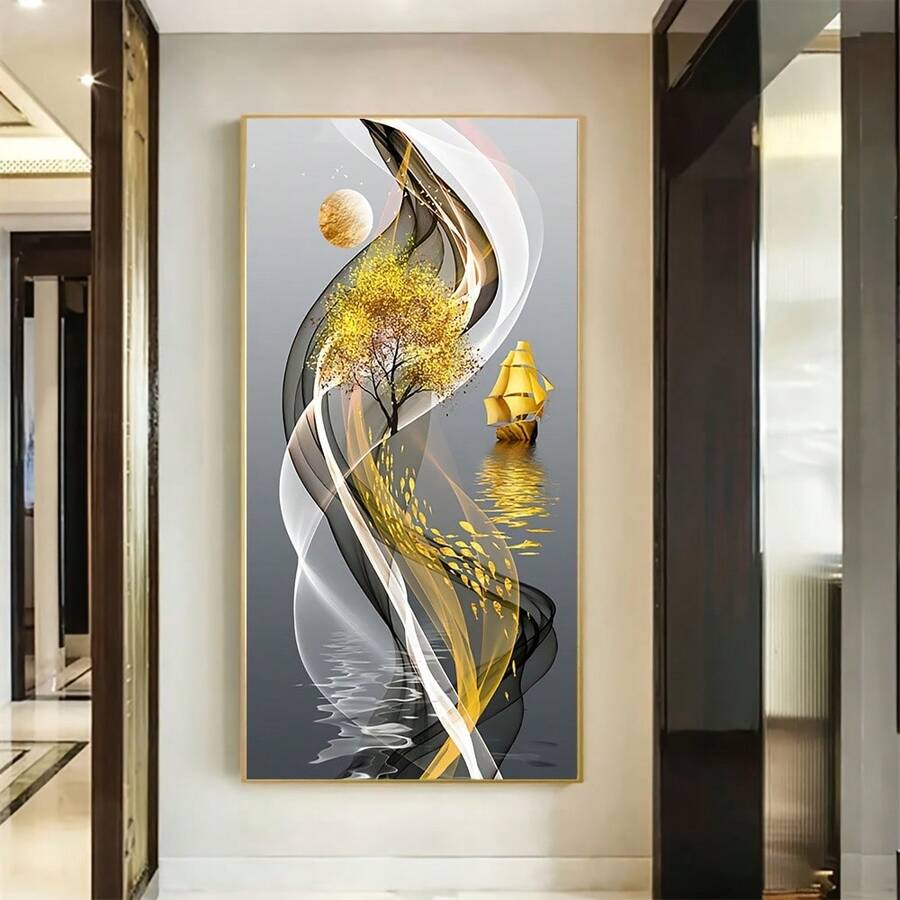 1pc Unframed Art Deco & Modern Style Canvas Art Print, Golden Foil Landscape Painting, Wall Poster For Living Room, Bedroom, Home Office, Classrooms, NO Frame - Multicolor - View 1