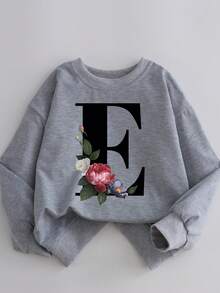 Girls Letter & Floral Print Crew Neck Sweatshirt, Casual Streetwear, Autumn/Winter - Grey - View 4
