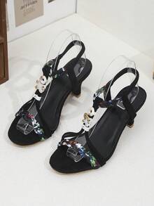 Y2K Black Floral Print Peep Toe Heels For Teen Girls, T-Strap Ankle Wrap Mid Heel Sandals With Metal Charm, Vintage Boho Party Wedding Dressy Casual Shoes - Black - View 7