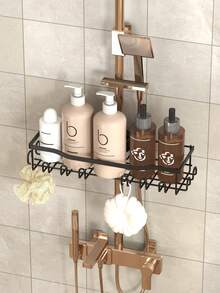 1pc Bathroom Shower Caddy, Hanging Storage Basket With Hooks, Bathroom Faucet Organizer Rack For Storing Bathroom Supplies And Accessories